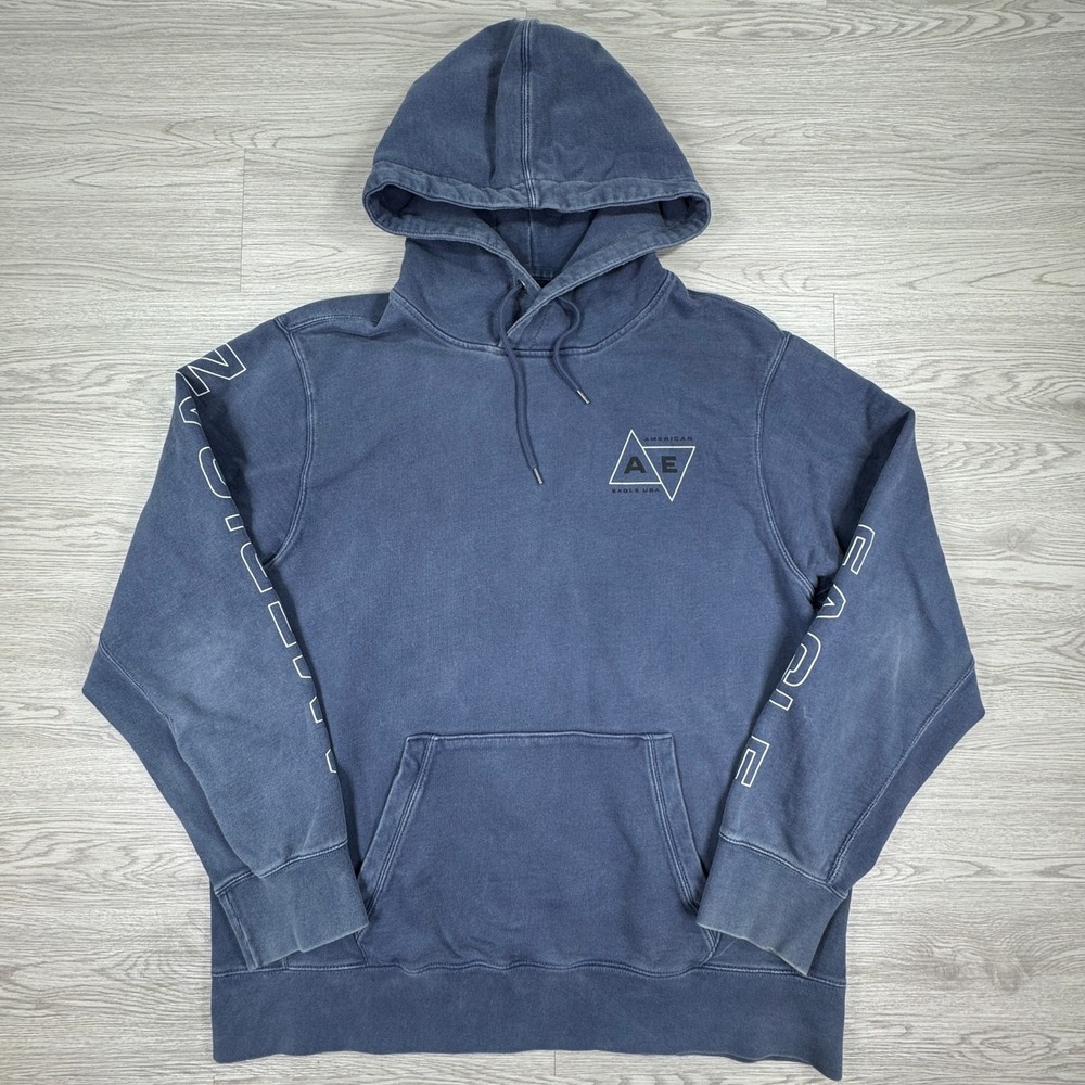 American Eagle Mens Hoodie Pullover Blue XXL Graphic Sleeve Logo‎ Cotton